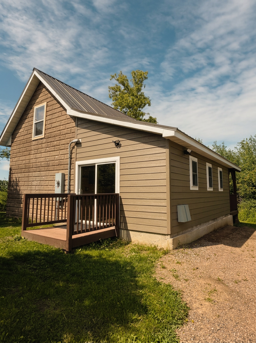 Small hunting cabin addition with tan siding, brick gable, and metal roof
