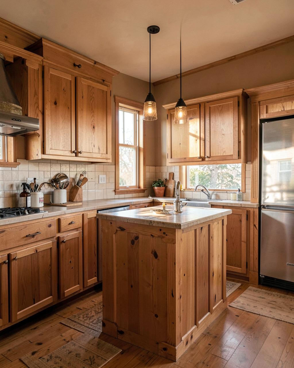Warm bungalow kitchen renovation with natural wood cabinets and soft morning light