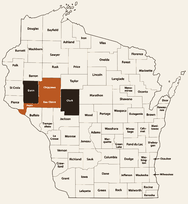 Map of Wisconsin with Eau Claire, Chippewa, Pepin, Dunn, and Clark counties highlighted as the Homeworx service area