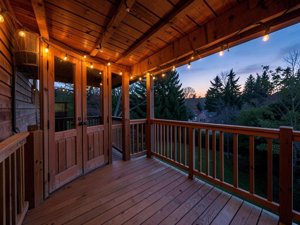 Wooden back porch and deck at dusk with warm string lights