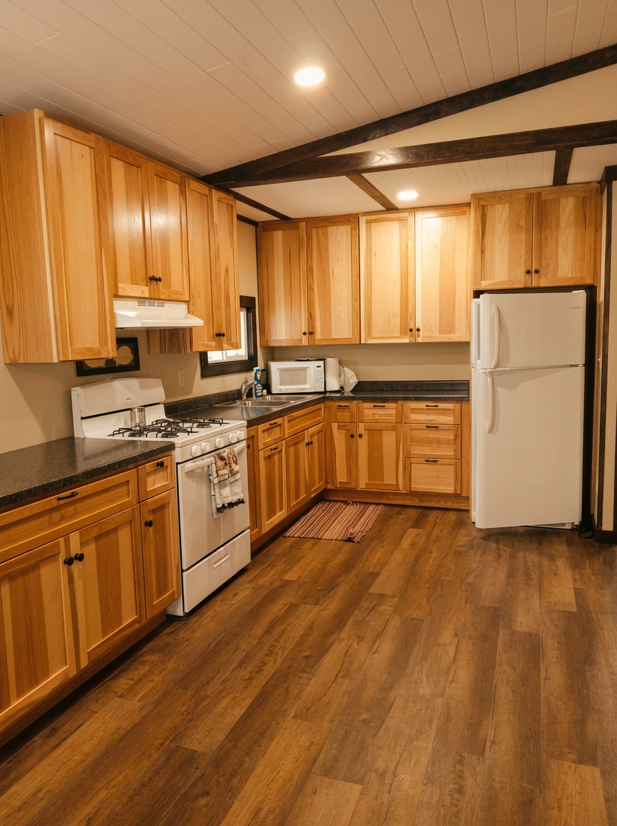 Remodeled kitchen with hickory cabinets, white appliances, and exposed dark wood beams